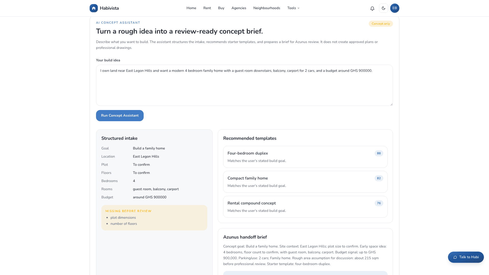 Concept Assistant result with structured intake and handoff
