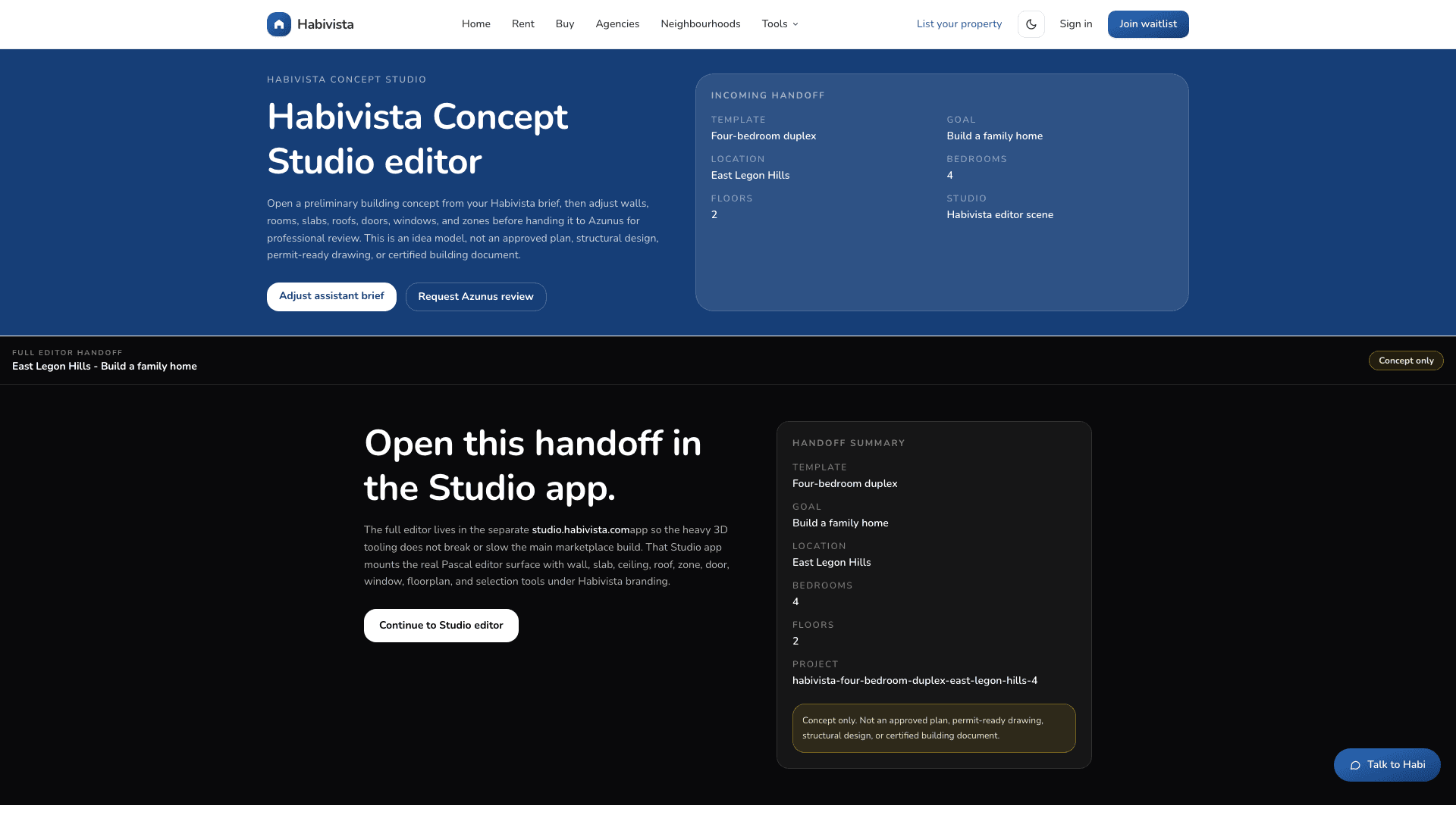 Visual handoff page before opening Studio